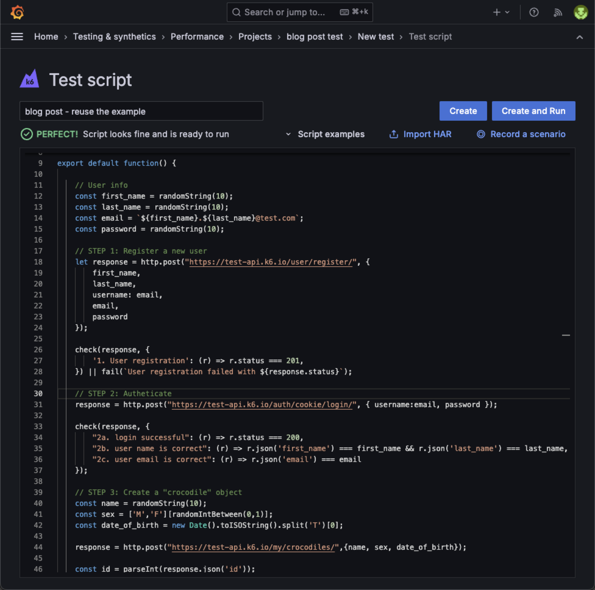 A test script in k6.
