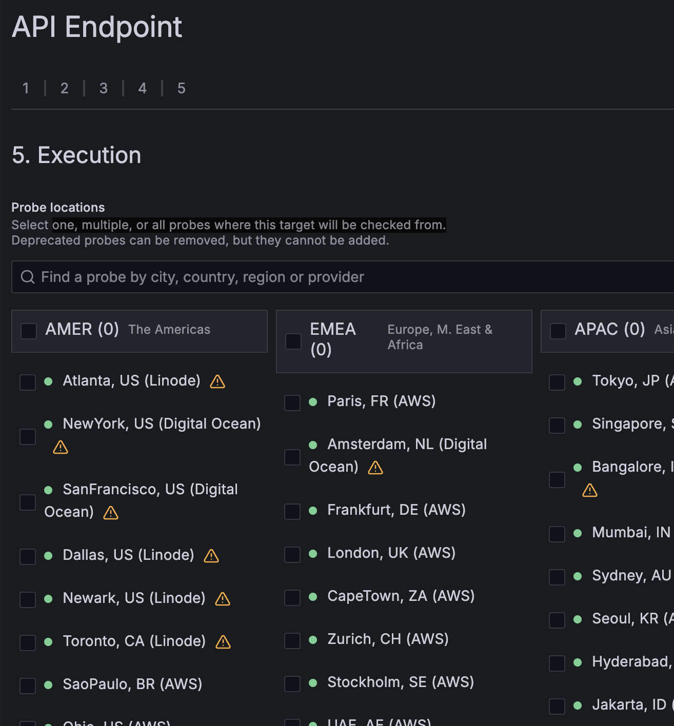 A screenshot showing various probe locations to choose from.