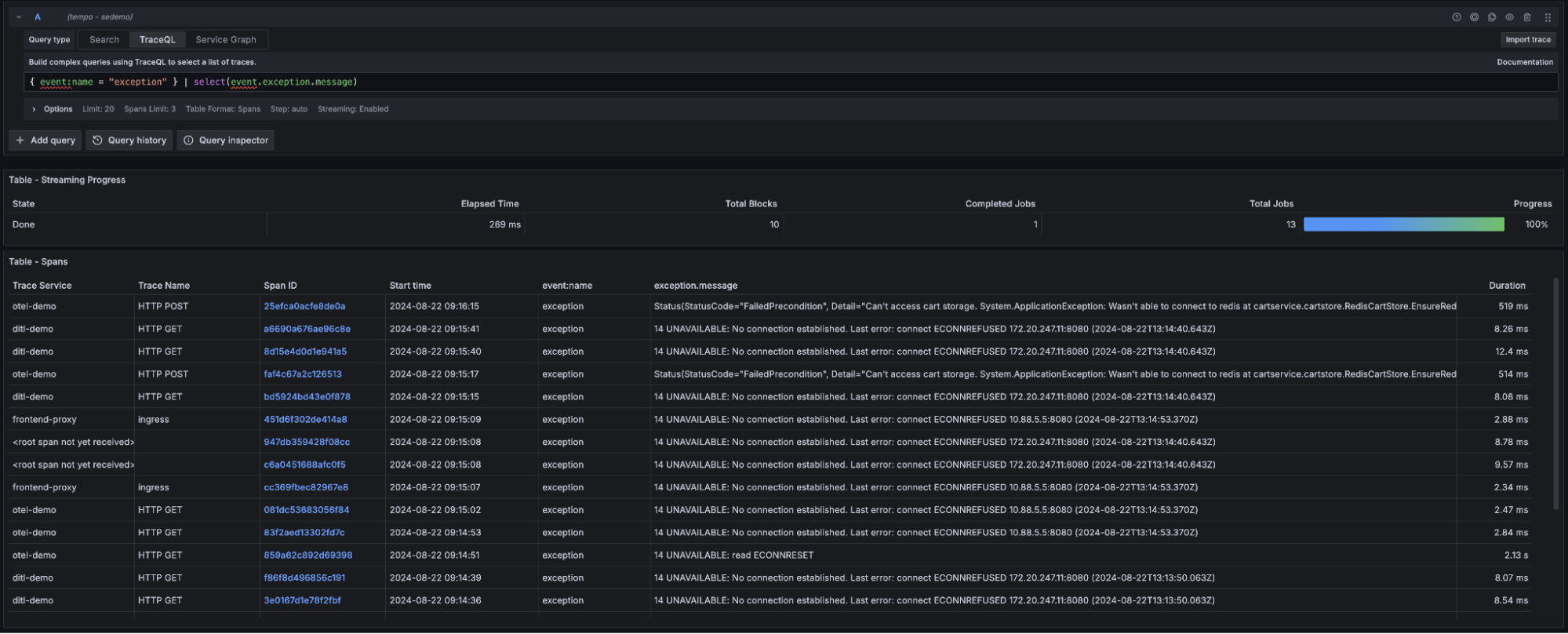 A screenshot demonstrating how to find exceptions in traces.