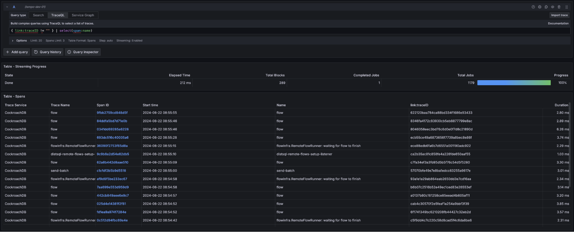 A screenshot showing a query base on span links.