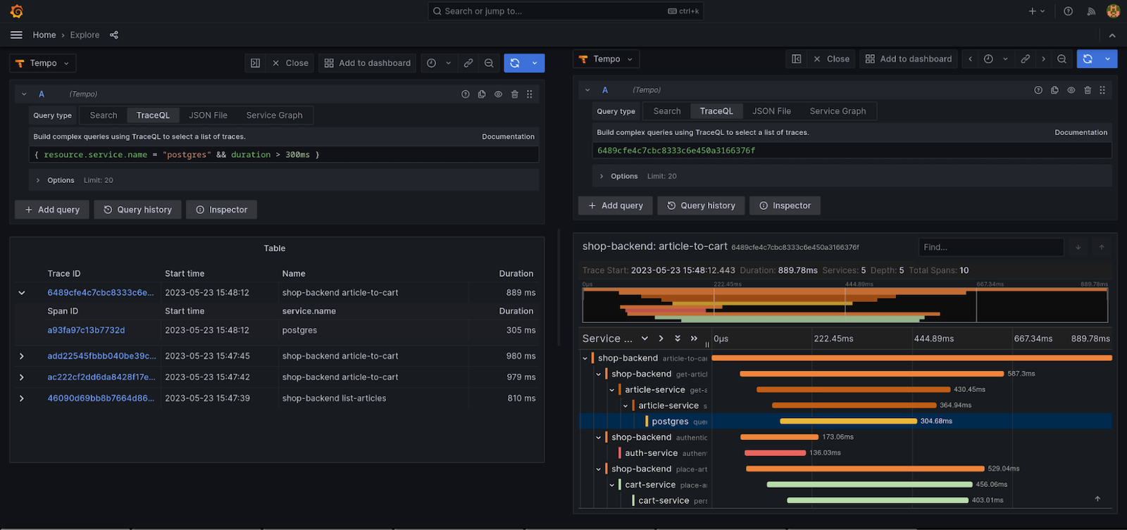 Searching for traces using TraceQL in Grafana. A screenshot of a Grafana dashboard with search results for traces using TraceQL