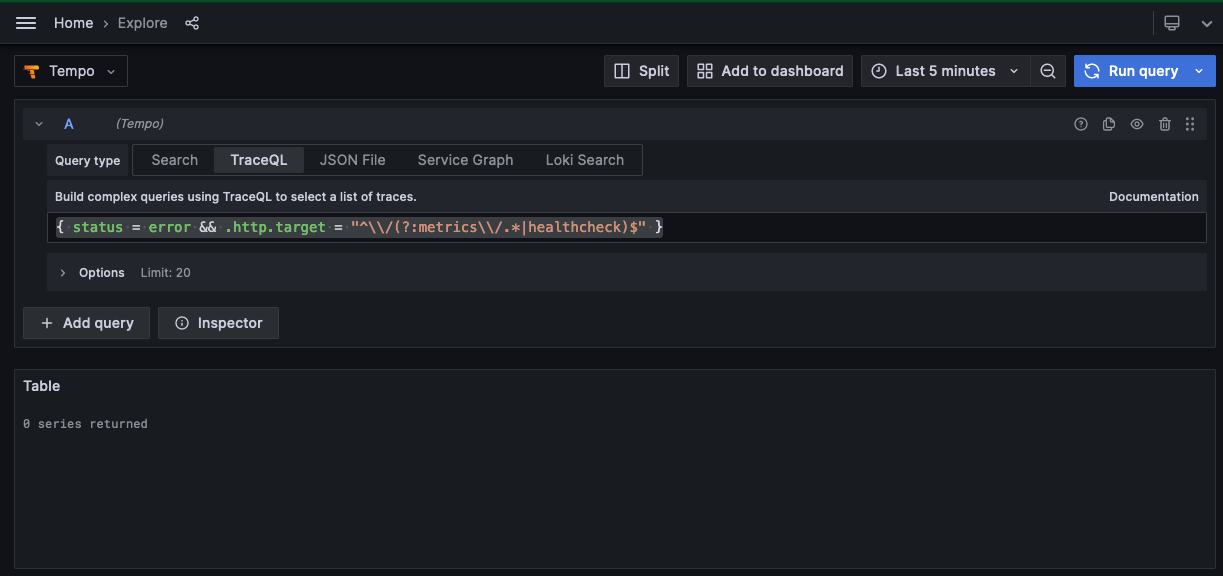 Search for traces containing an error A screenshot of a search for traces containing an error
