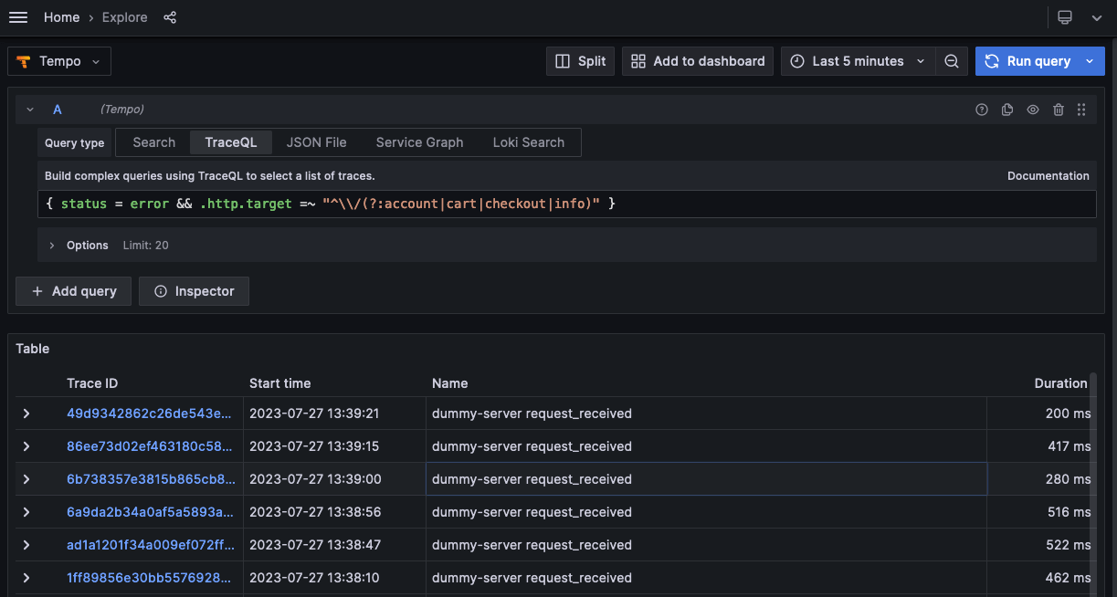 A list of captured traces A screenshot of a search for captured traces