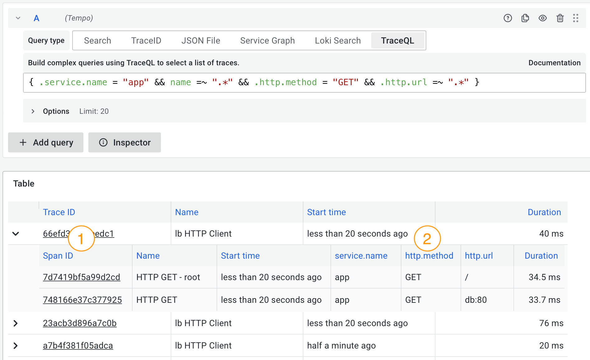 A screenshot of the Tempo UI, as described in the text below.