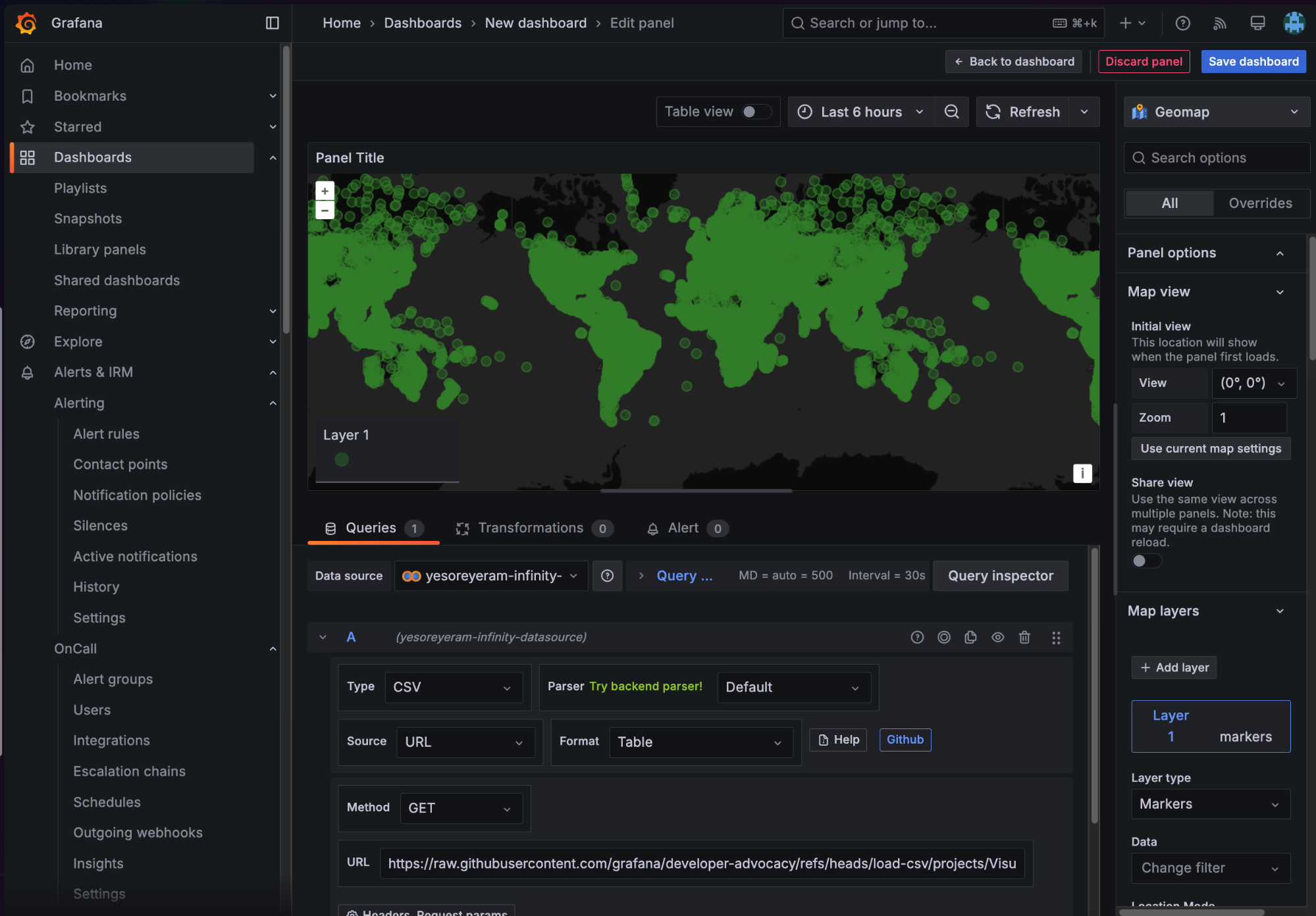 A screenshot of a geomap visualization showing cities around the world.