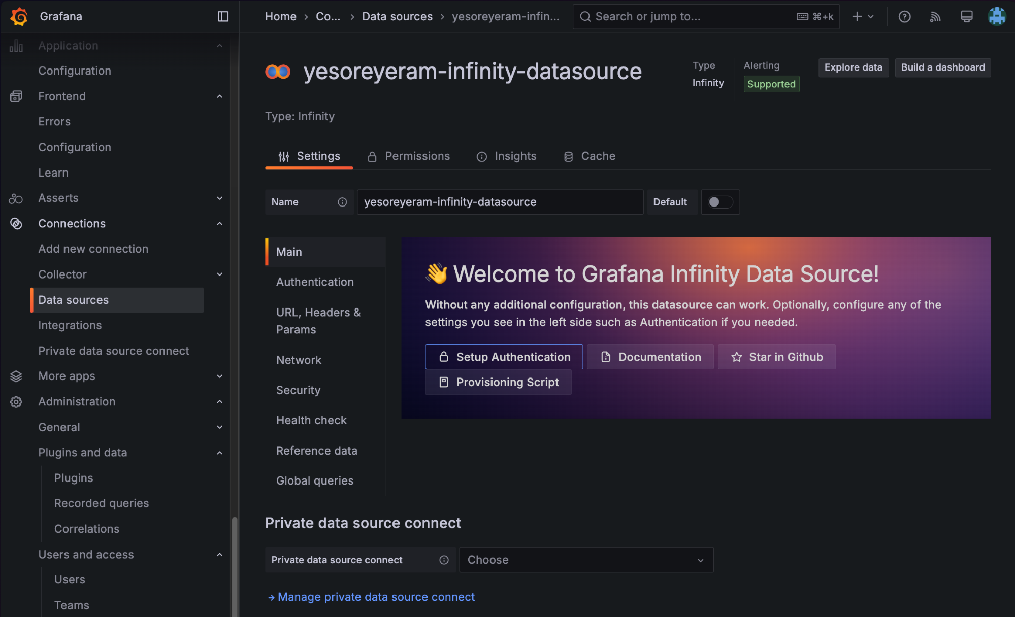 A screenshot of the welcome screen for the Infinity data source.