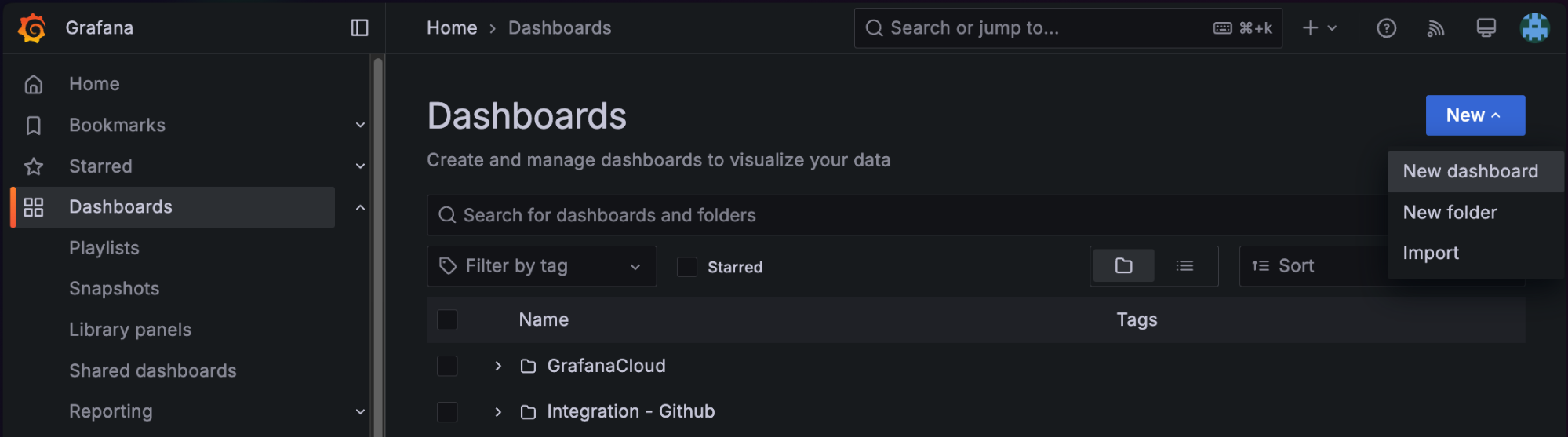 A screenshot showing the New dashboard button.