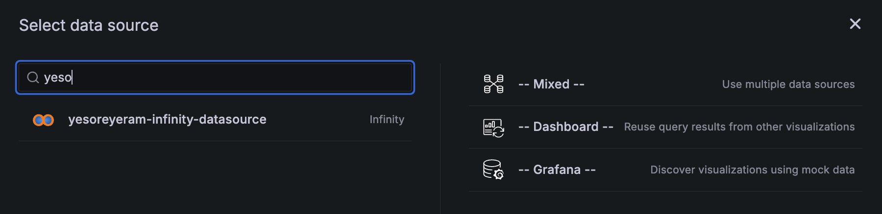 A screenshot showing how to select a data source for a visualization.