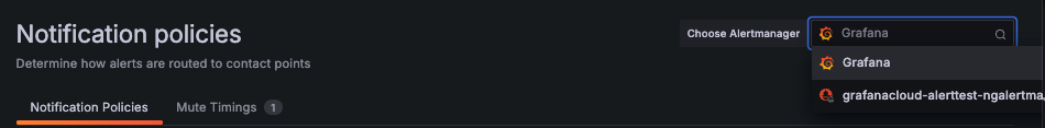 A screenshot choosing an Alertmanager in the notification policies UI
