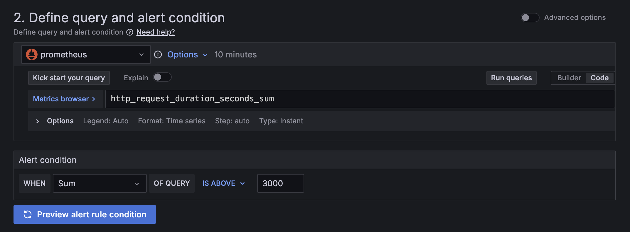Alert query using the Prometheus query editor and alert condition
