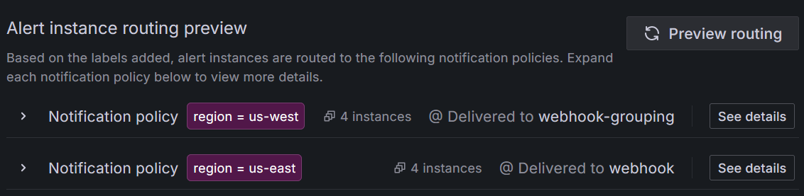 Preview of alert instance routing with the region label matcher
