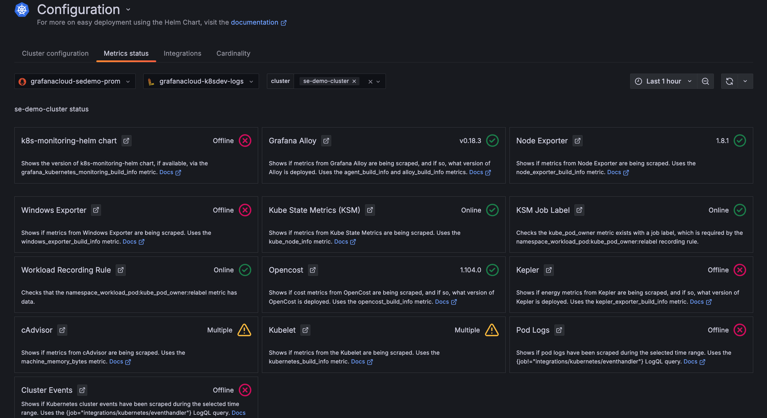 Metrics status tab showing status for last hour on one Cluster Descriptions and statuses for each item chosen to be configured and whether they are online
