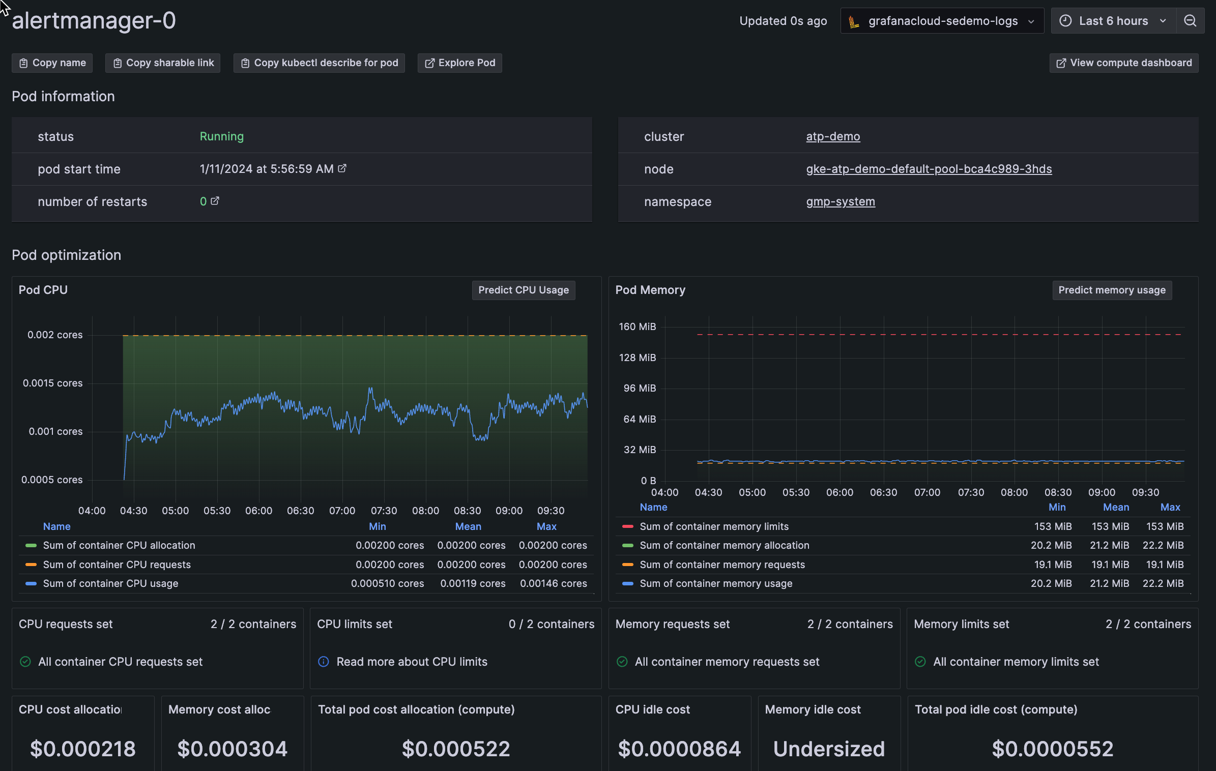 Pod details page showing activity over last six hours Pod details page showing activity over last six hours