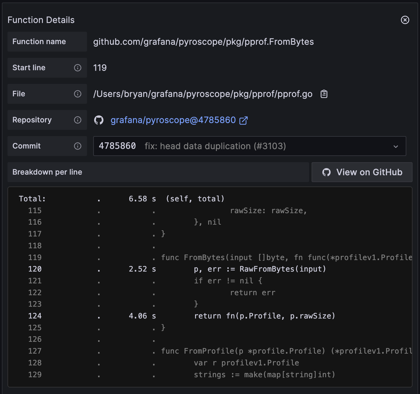Function Details panel from a connected Pyroscope GitHub integration. Function Details panel from a connected Pyroscope GitHub integration.