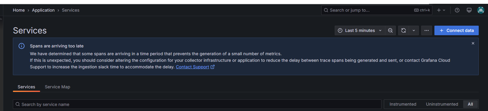 Spans arriving too late error message in the Services panel