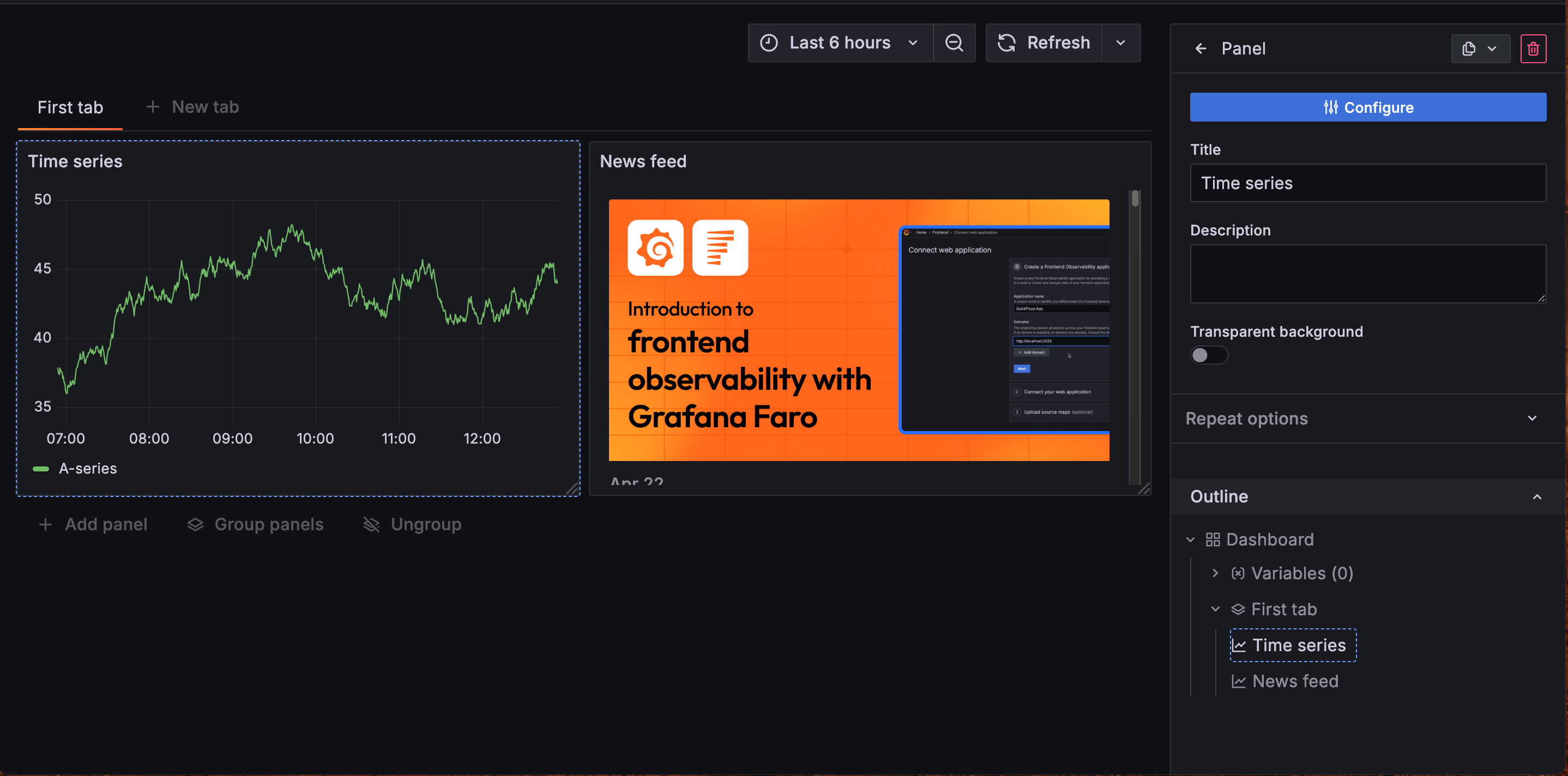 Dashboard with outline open showing panel in focus