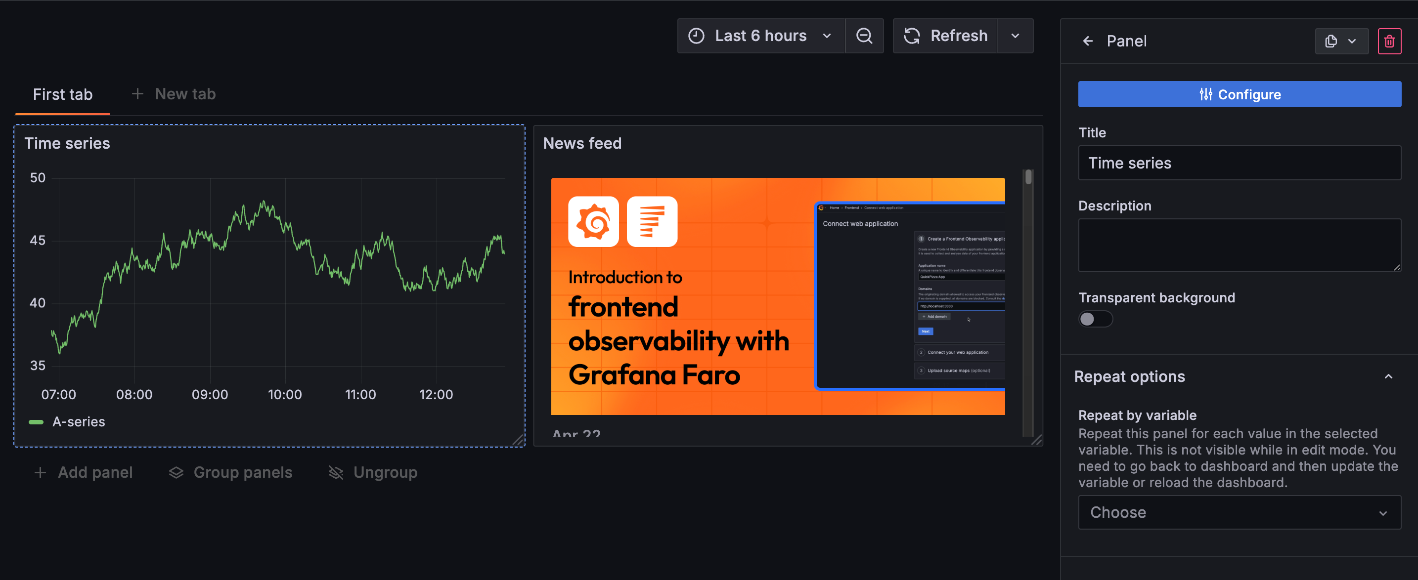 Dashboard with a panel in focus