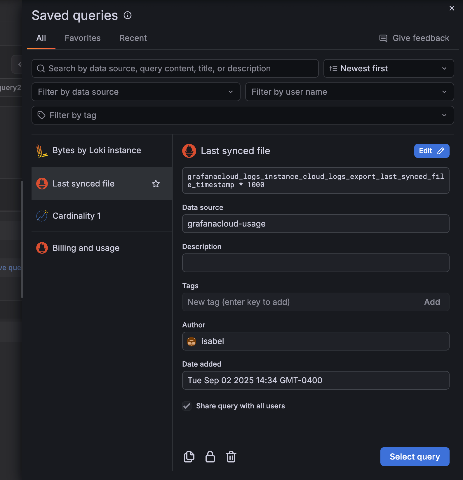 The **Saved queries** drawer accessed from Dashboards List of saved queries and the edit query form