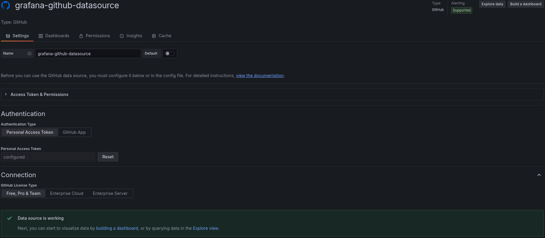 Example GitHub data source configured successfully in Grafana Cloud