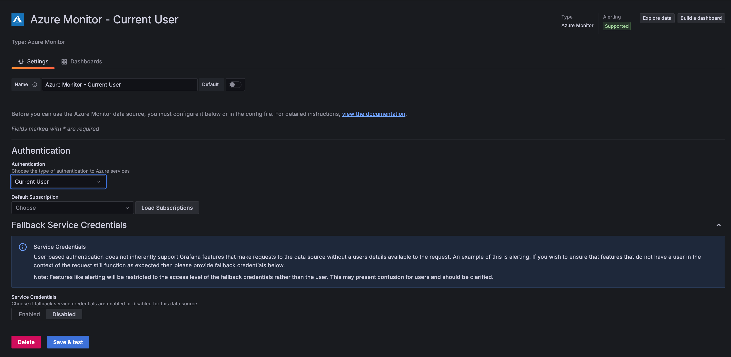 Azure Monitor data source configured with Current User authentication Azure Monitor data source configured with Current User authentication