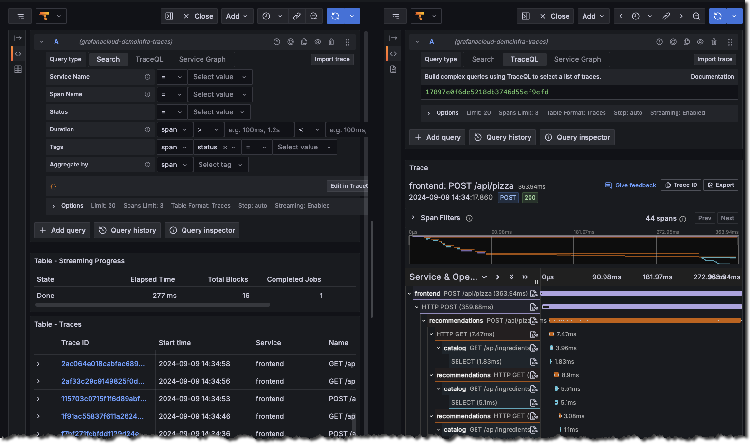 Use the query builder to explore tracing data in Grafana