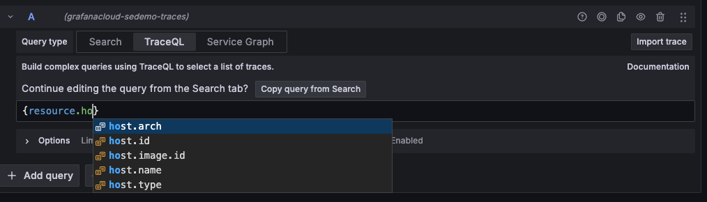 Query editor showing the auto-complete feature