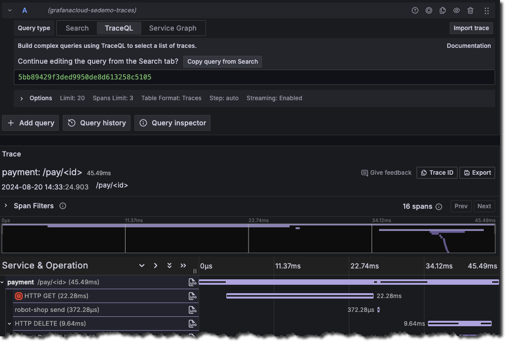 Search for a trace ID using the TraceQL query editor