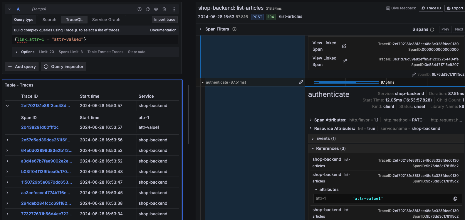 A TraceQL example showing link scope