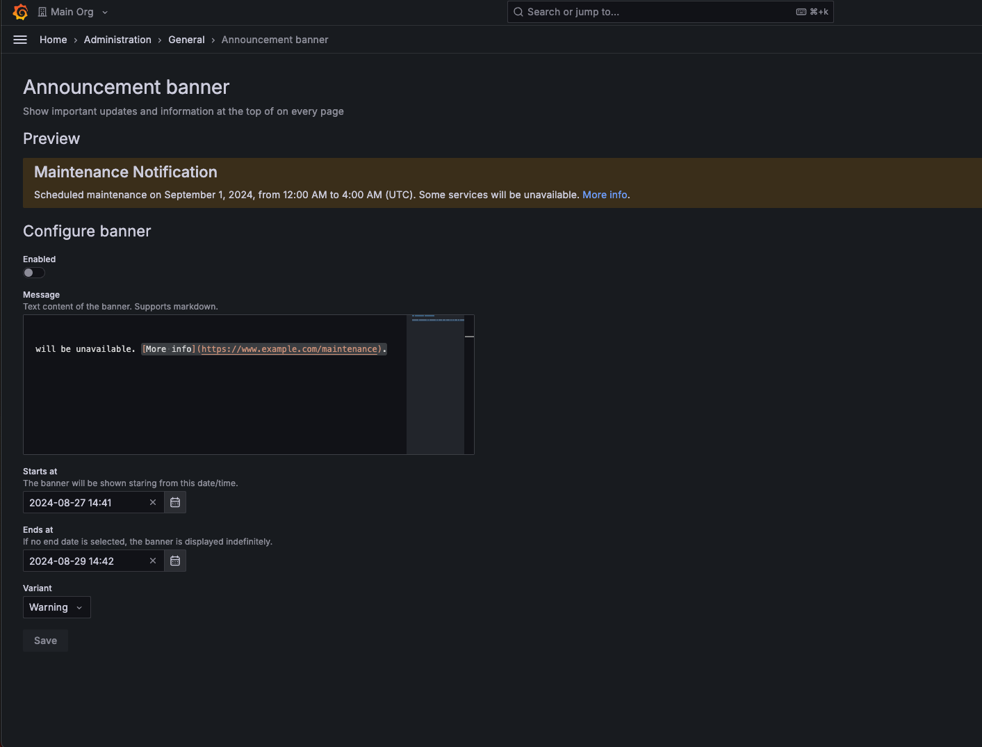 Announcement banner configuration page. Announcement banner configuration page