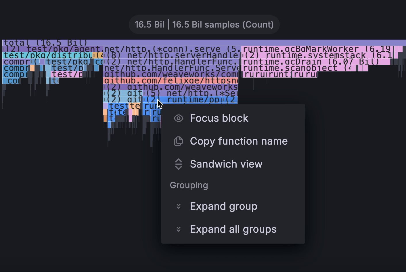 A flame graph visualization with drop-down actions.
