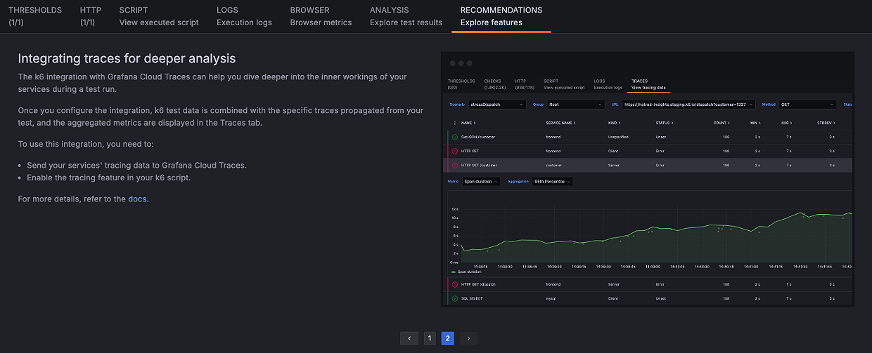 A screenshot of the new Recommendations tab in Grafana Cloud k6.