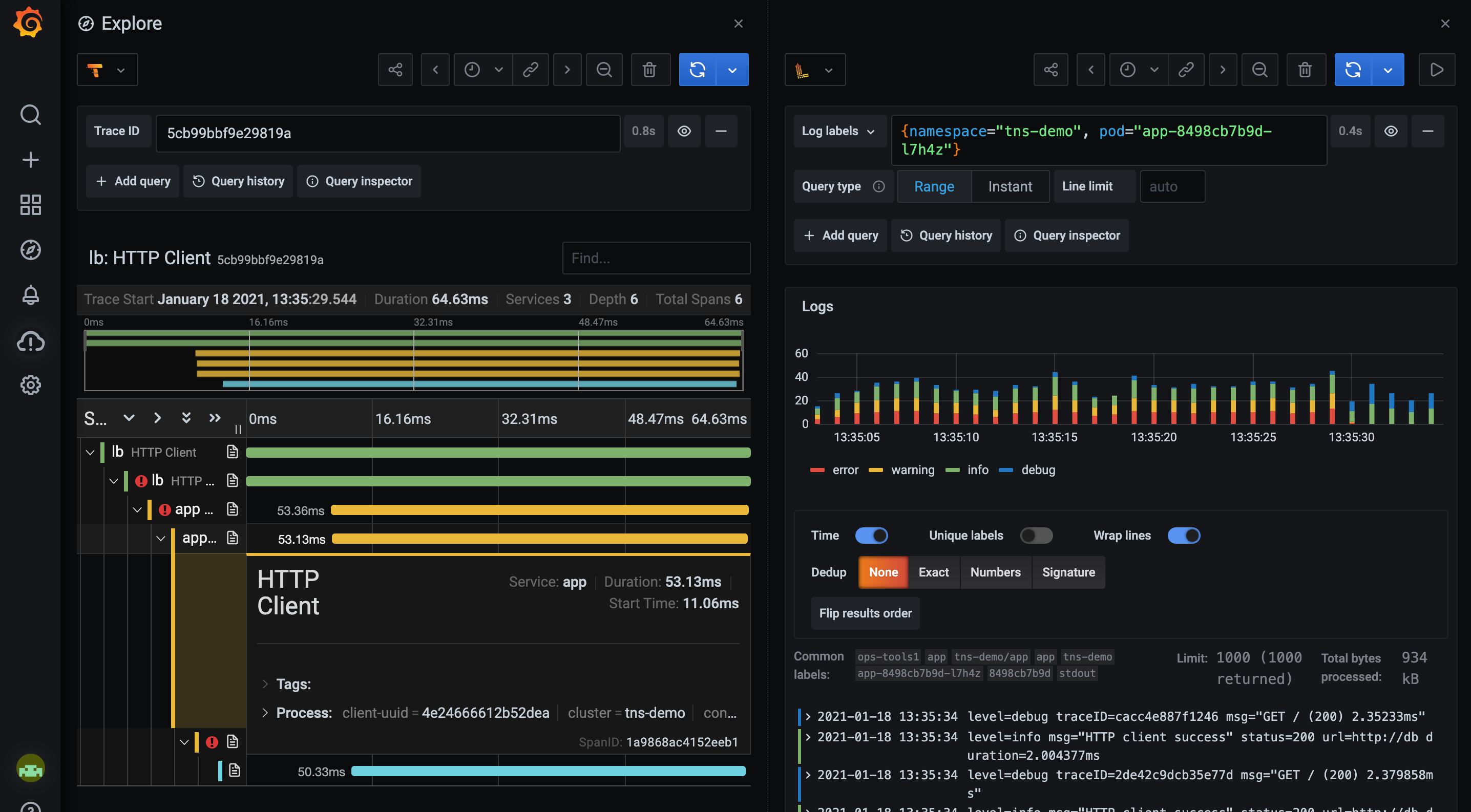 And find logs for a specific span in your traces. And find logs for a specific span in your traces.