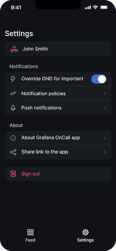Screenshot of how to select overriding do not disturb mode on your mobile device with Grafana OnCall mobile app.
