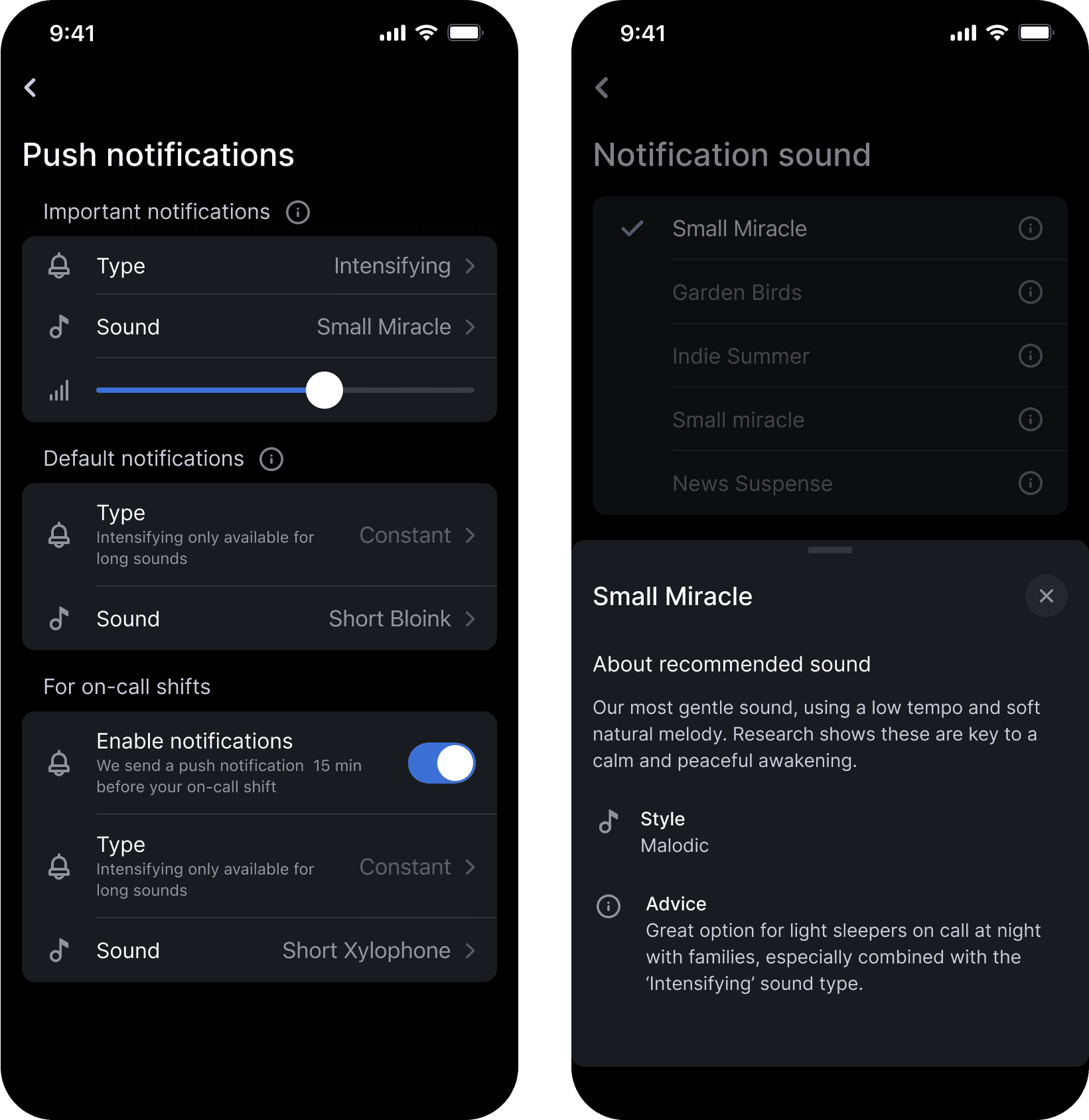 Two screenshots showing how to select tones for notifications in the Grafana OnCall mobile app.