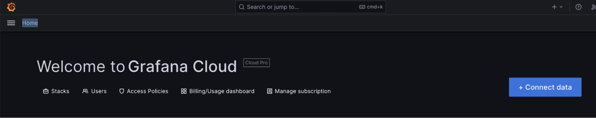 A screenshot of the Welcome to Grafana Cloud page with the + Connect data button in the right corner