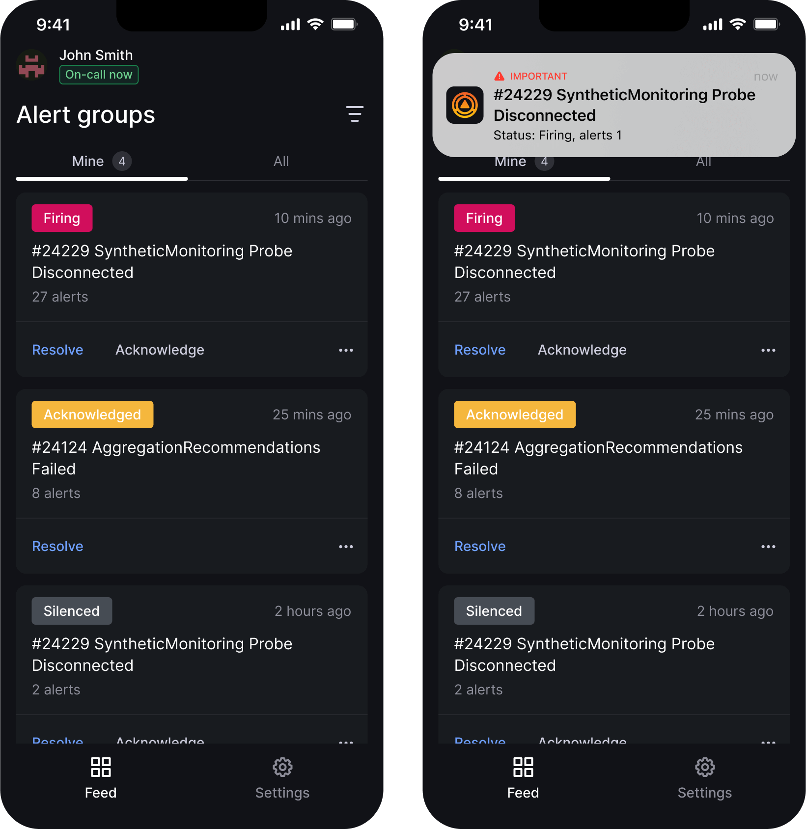 Two screenshots showing the UX of responding to an alert group in the Grafana OnCall mobile app.