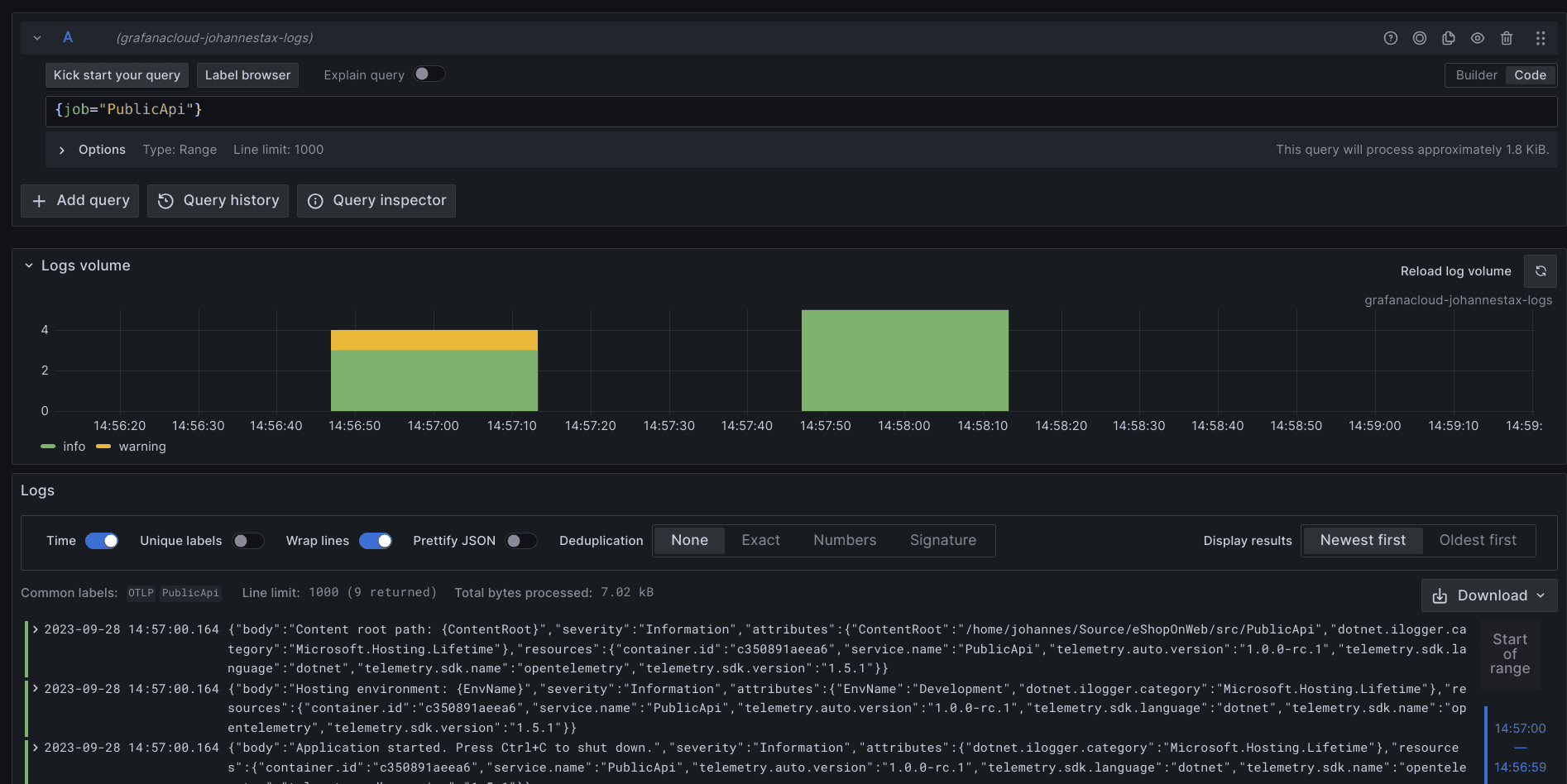 Grafana dashboard for OpenTelemetry logs from NET application