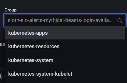 SCreenshot of dropdown menu for alert groups in Grafana Cloud