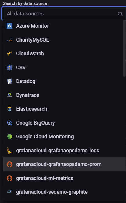 Screenshot of dropdown for Prometheus data sources in Grafana Cloud.