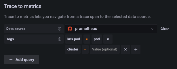 Configure data source in Grafana 9.1 for trace to metrics feature.