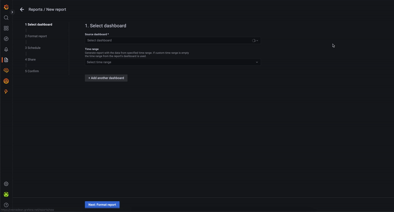 Gif of the new Grafana Enterprise reporting wizard. Gif of the new Grafana Enterprise reporting wizard.