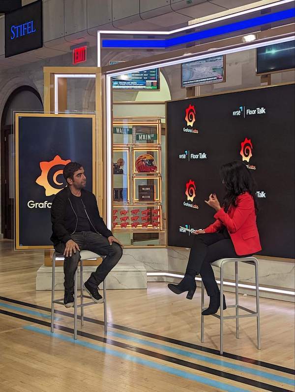 *Grafana Labs CEO and Co-founder Raj Dutt, left, talks with Judy Khan Shaw, host of NYSE Floor Talk.* A picture of Grafana Labs CEO and Co-founder Raj Dutt talking with Judy Khan Shaw, host of NYSE Floor Talk.