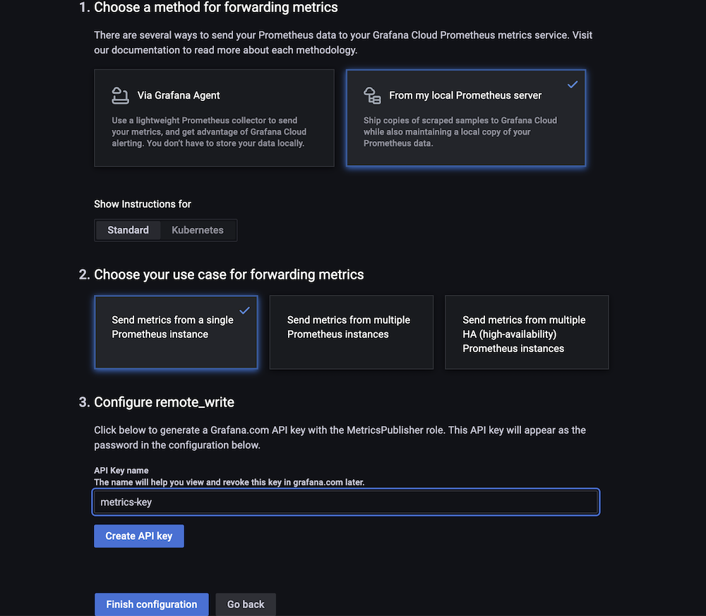 Screenshot of configuration UI in Grafana for sending Prometheus metrics to Grafana Screenshot of configuration UI in Grafana for sending Prometheus metrics to Grafana