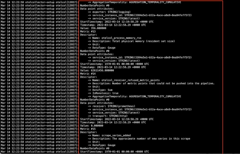 Screenshot of the logs from the Otel Collector Screenshot of the logs from the Otel Collector