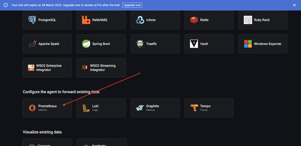 Screenshot of Grafana instance in Grafana Cloud account with Prometheus option Screenshot of Grafana instance in Grafana Cloud account with Prometheus option
