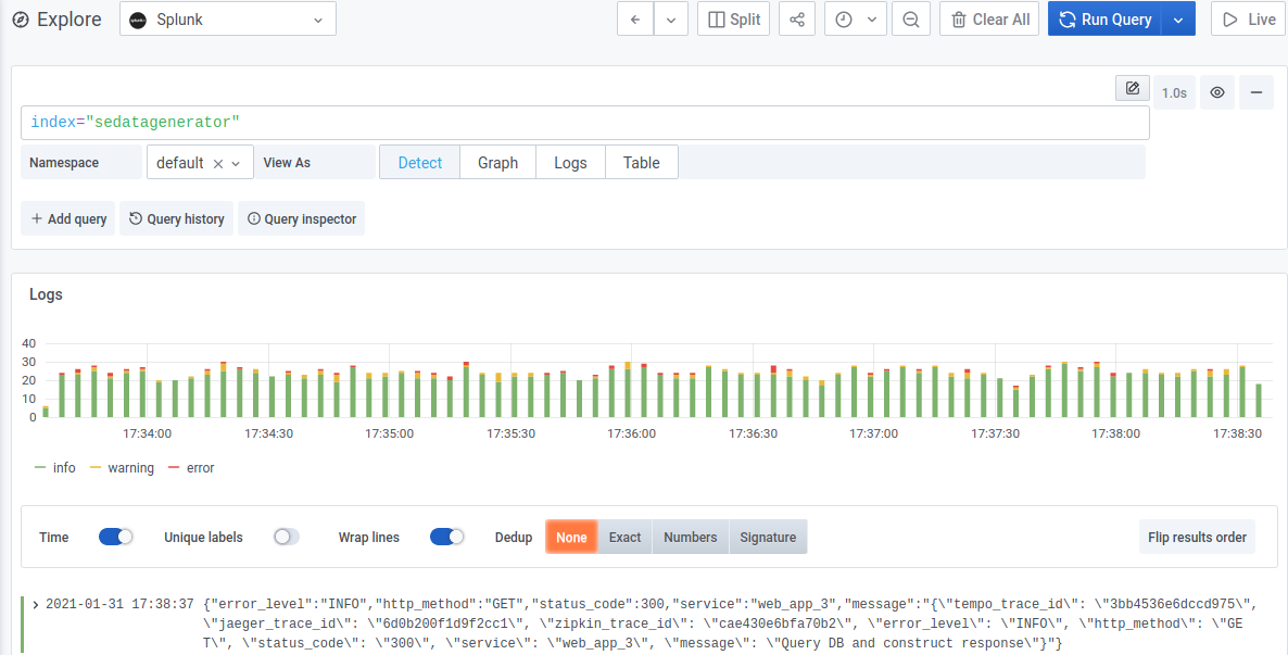 Verifying trace IDs in Grafana Explore. Verifying trace IDs in Grafana Explore.