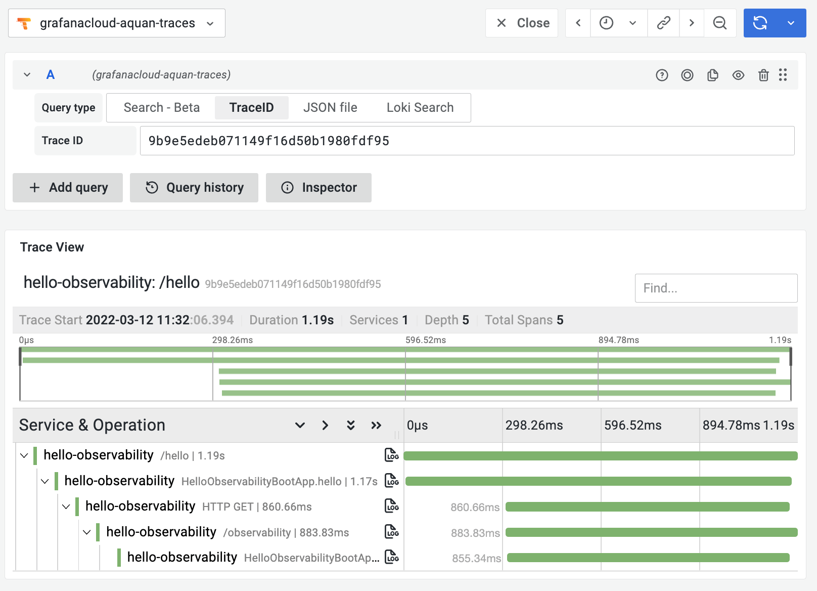 Spring Boot application in Grafana Cloud: screenshot of trace visualization process Spring Boot application in Grafana Cloud: screenshot of trace visualization process