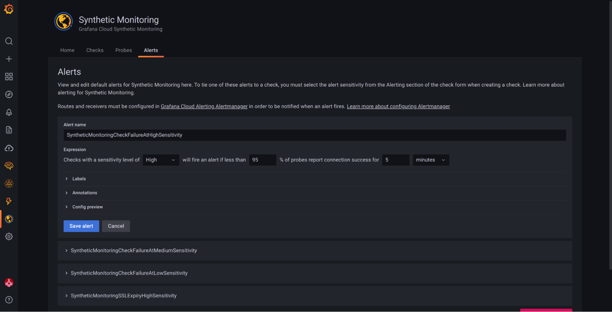 Synthetic Monitoring app in Grafana Cloud: Alerts tab. Synthetic Monitoring app in Grafana Cloud: Alerts tab.