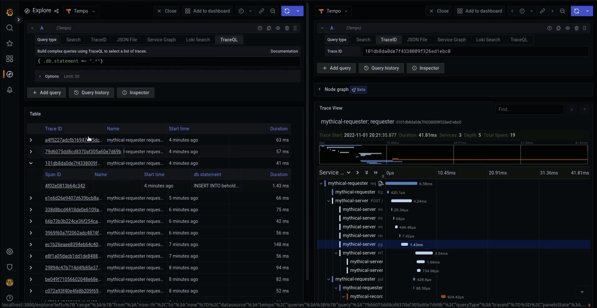 *With TraceQL, you can use complex queries to better analyze your trace data.* A screenshot of the Tempo UI shows how users can build complex queries with TraceQL