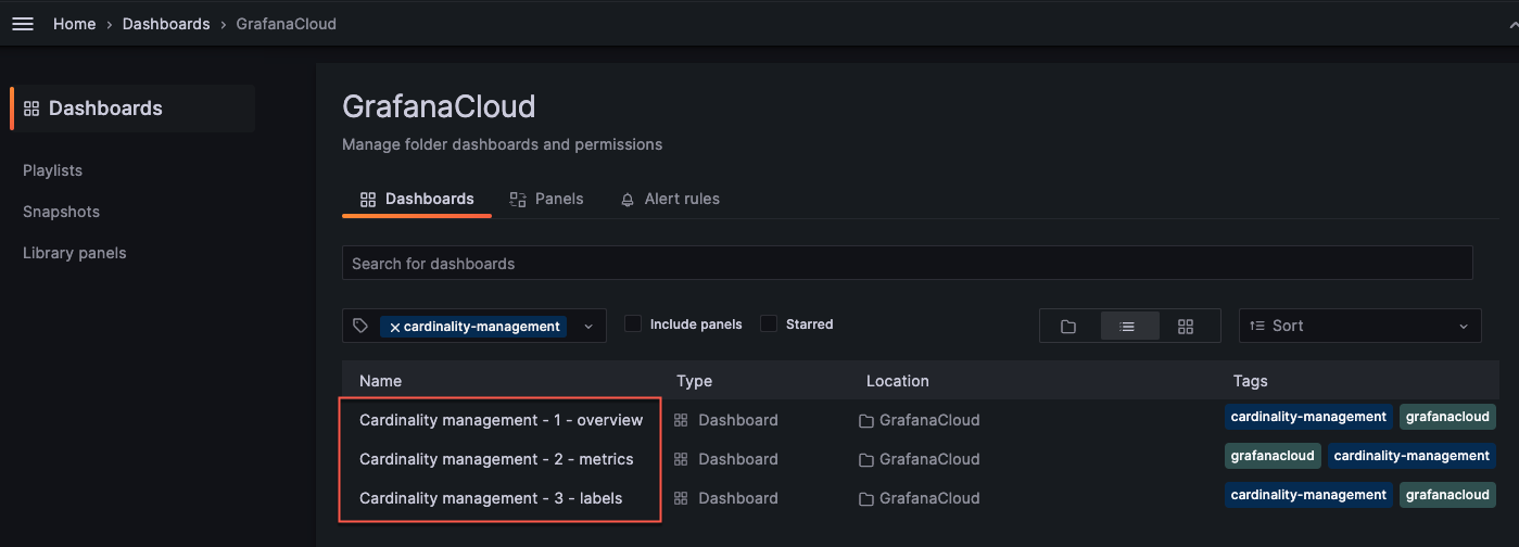 Cardinality management dashboards